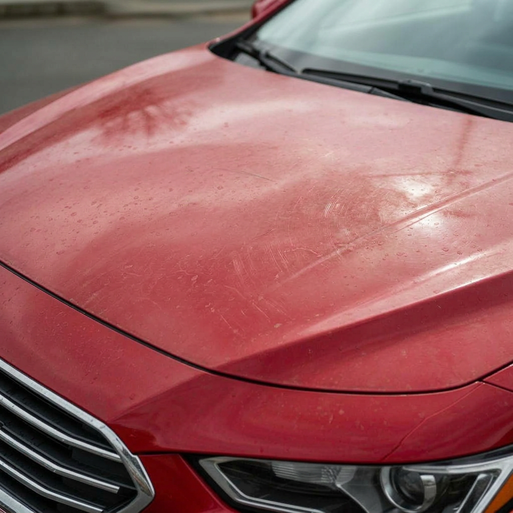 Red sedan hood paint correction before ceramic coating